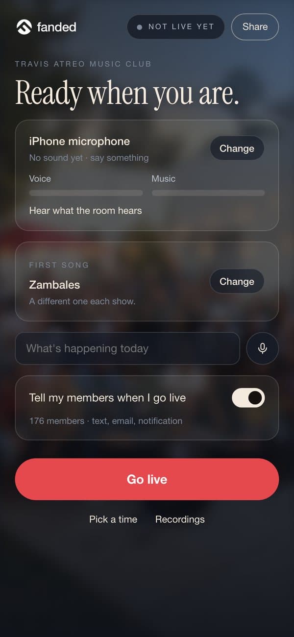 The host's ready screen: microphone, a line about today, and Go live